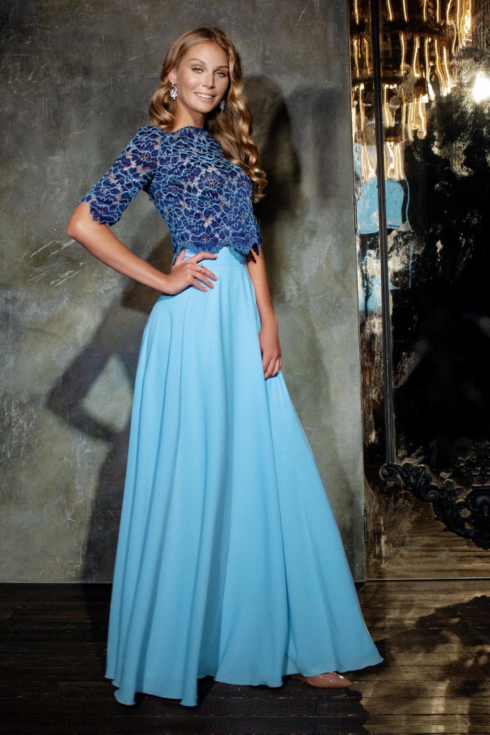 Вечернее платье-комплект из двух частей кружевной топ и длинная юбка - СОЛАР | Paulain