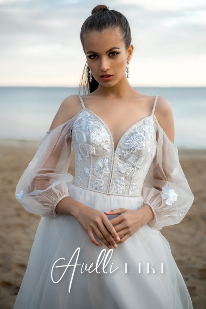 ДЖОВИТА - Нежное свадебное платье цвета капучино с корсетом на шнуровке | Paulain