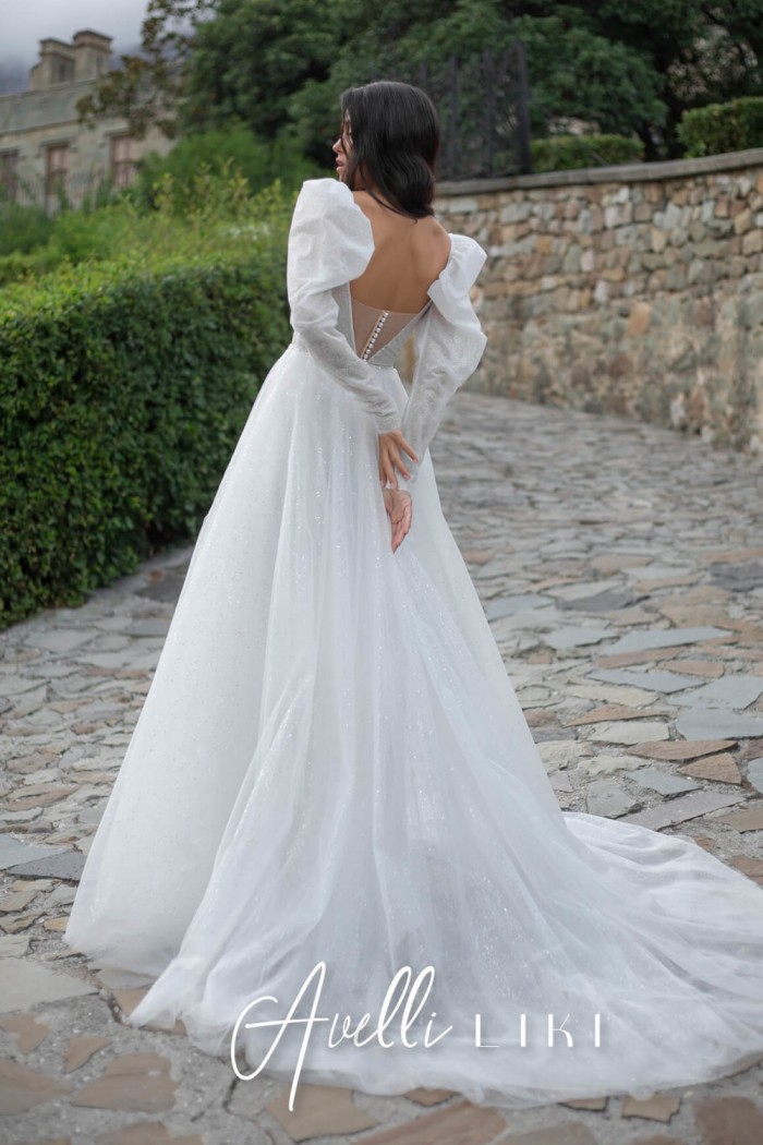 НИКСА - Свадебное глиттерное платье на бретелях со съемными рукавами и разрезом по ноге | Paulain