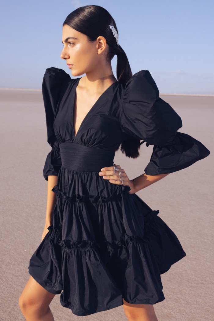Мечтательное черное платье мини из тафты с длинным рукавом - БЕТА | Paulain