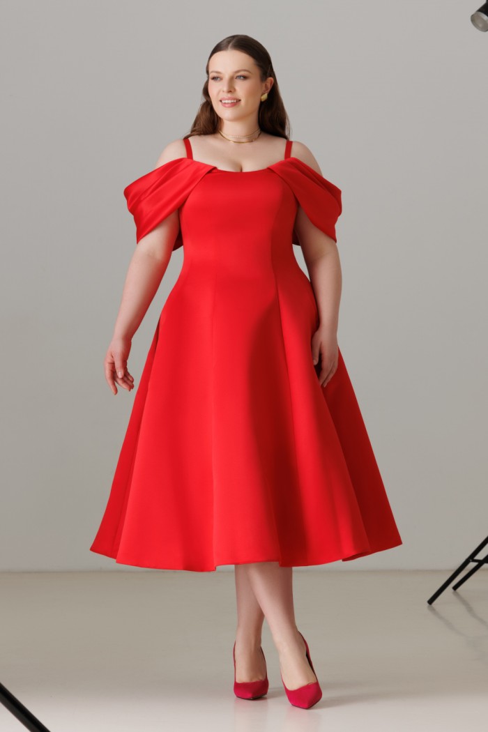 Яркое красное платье миди длины на бретелях с рукавами-крылышками - ЛИНН МИДИ | Paulain