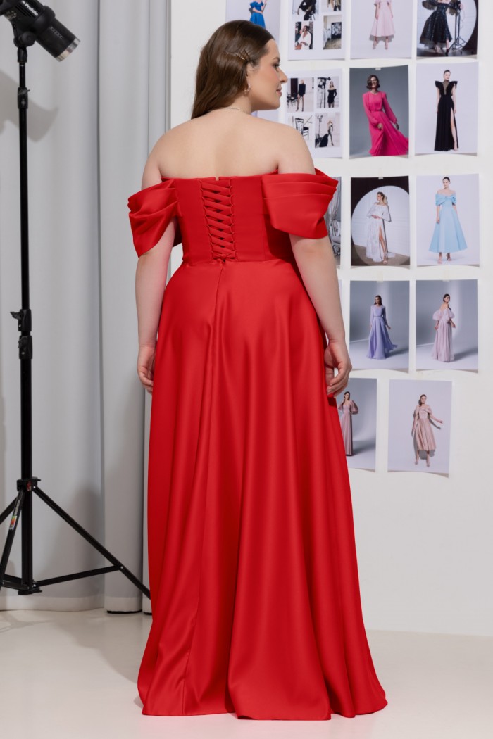 ЛИСИТЕЯ - Красное вечернее платье на корсете со спущенными рукавами большого размера | Paulain