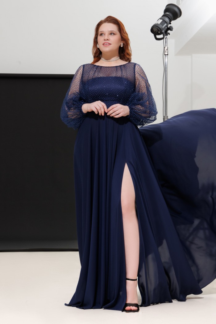 ЗЕНДАЯ - Синее длинное платье с блестящим лифом и разрезом по ноге | Paulain