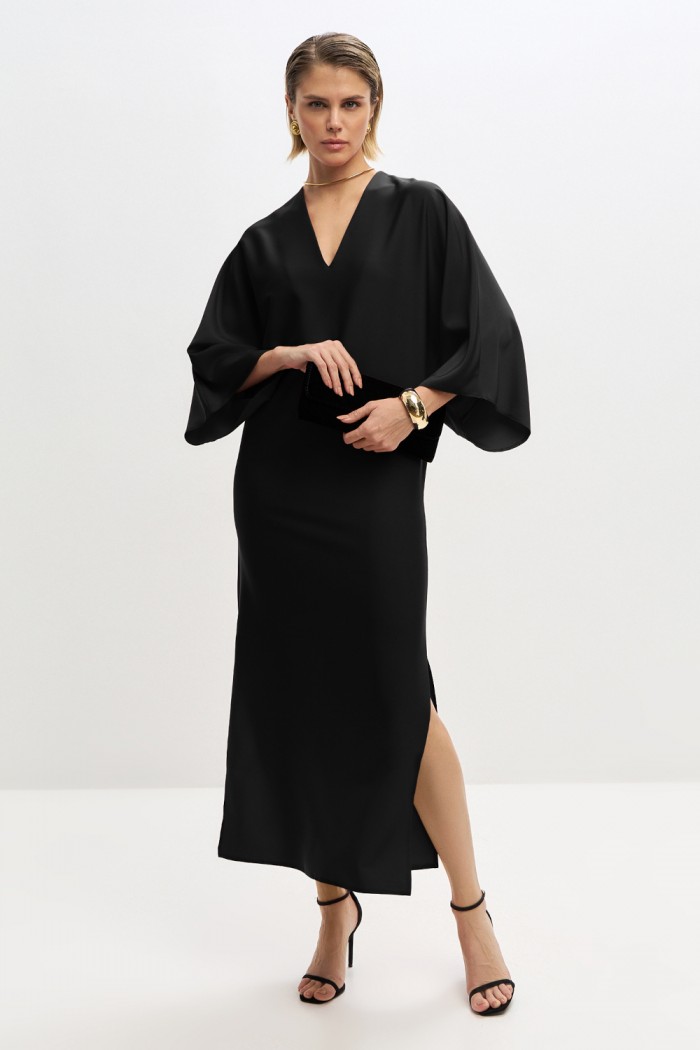 Черное платье силуэта кимоно длины мидакси с рукавом из плотного креп-сатина - ДЕБЮ | Paulain