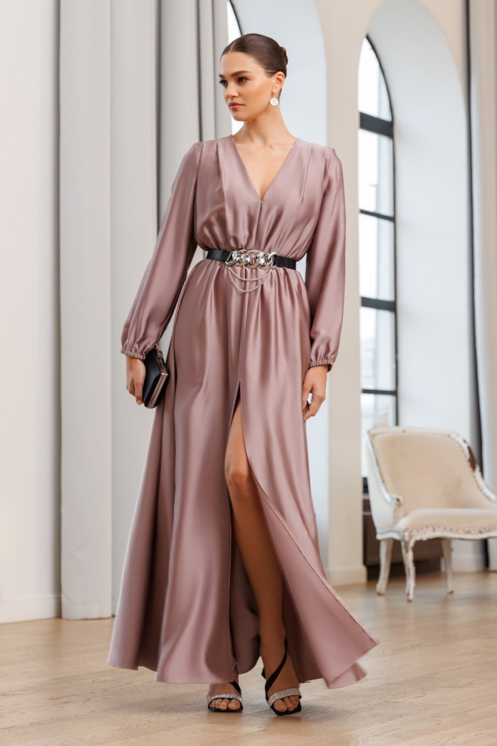 Длинное вечернее платье с перламутровыми бликами с длинным рукавом и высоким разрезом - АРЛЕТТ | Paulain