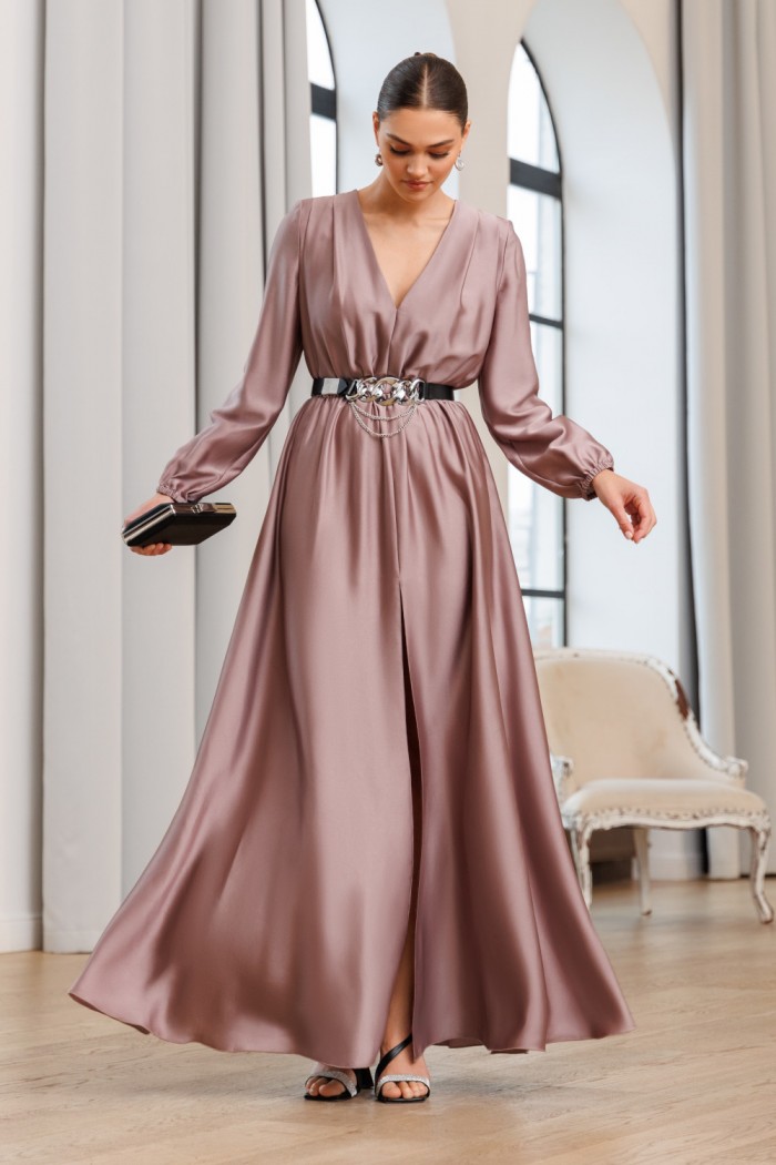 АРЛЕТТ - Длинное вечернее платье с перламутровыми бликами с длинным рукавом и высоким разрезом | Paulain