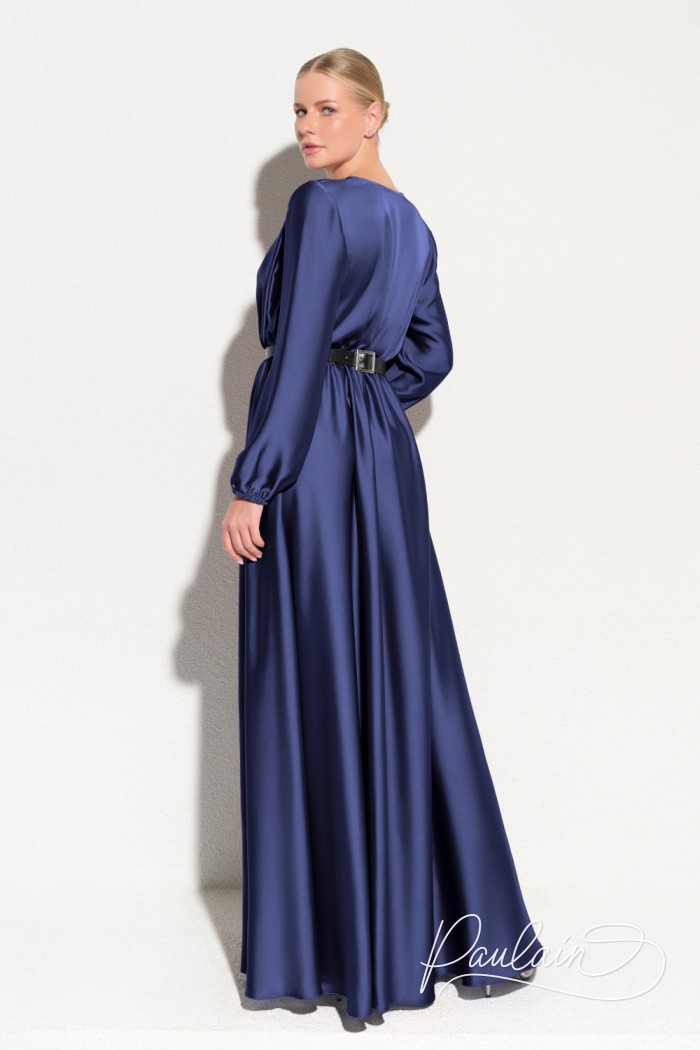 АРЛЕТТ - Длинное вечернее платье с перламутровыми бликами с длинным рукавом и высоким разрезом | Paulain