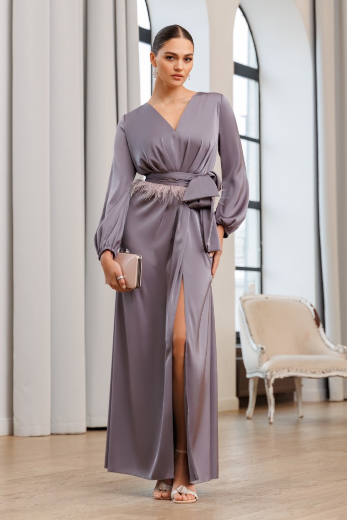 Вечернее длинное платье с элементом боа и длинным рукавом - БРИОНИ | Paulain