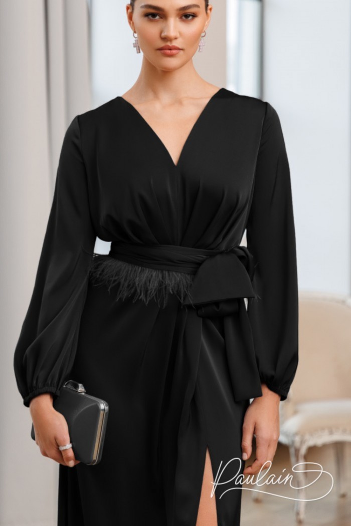 БРИОНИ - Вечернее длинное платье с элементом боа и длинным рукавом | Paulain