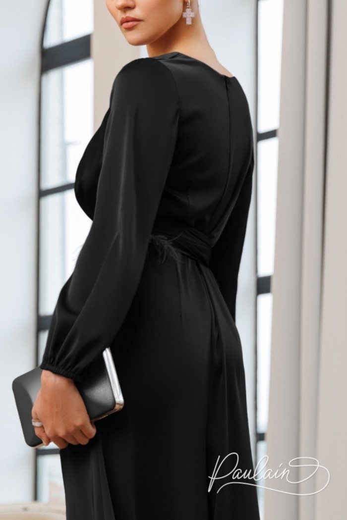 БРИОНИ - Вечернее длинное платье с элементом боа и длинным рукавом | Paulain