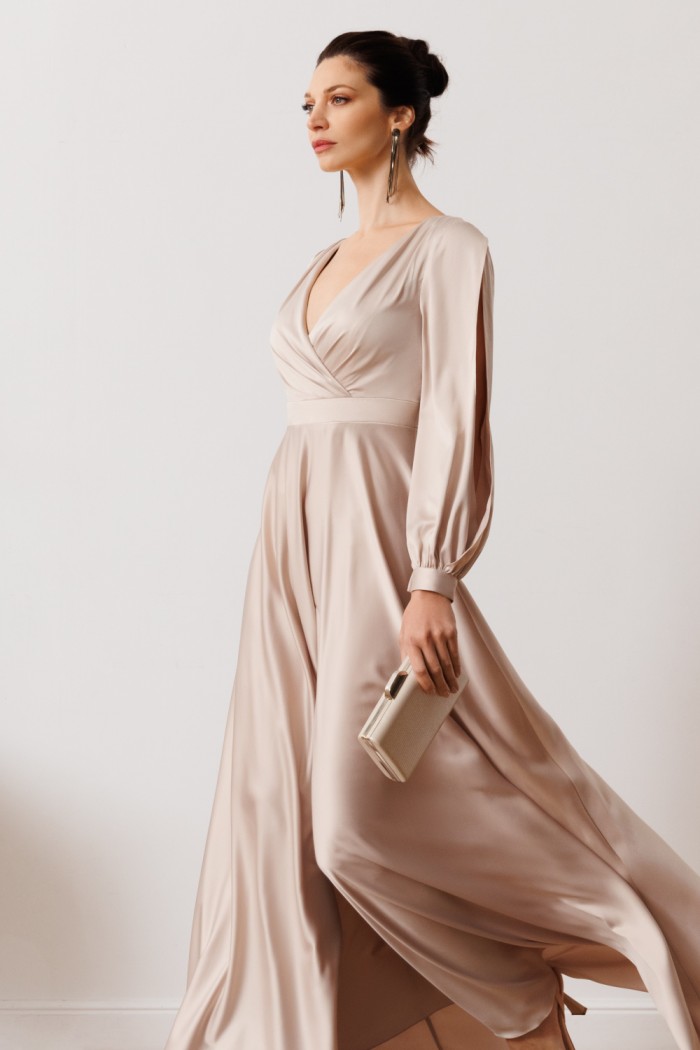 САННИ - Элегантное вечернее платье из струящегося атласа с рукавом | Paulain