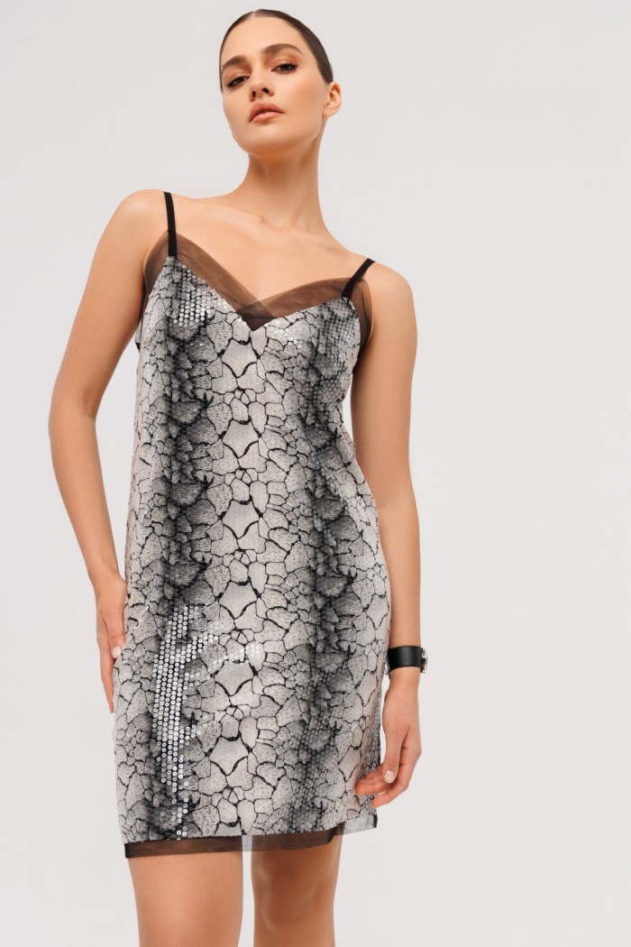 ТАЛЬ - Дизайнерское платье мини длины без рукава на бретелях с энимал-принтом | Paulain