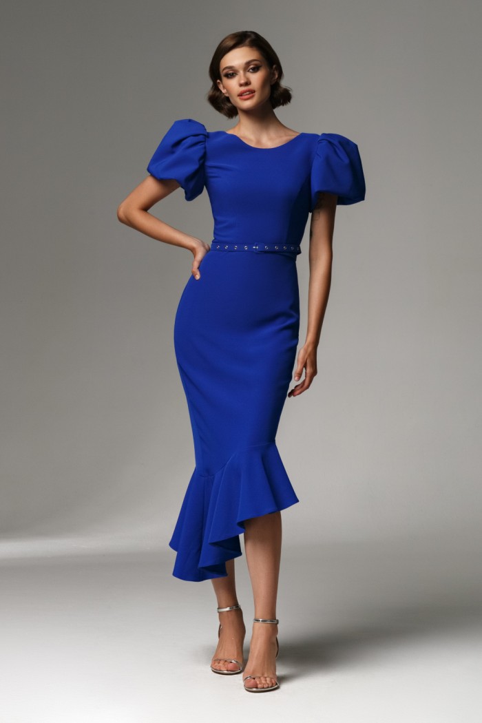 Синее платье миди длины с воланами на юбке и коротким объемным рукавом - ЭШЛИ | Paulain
