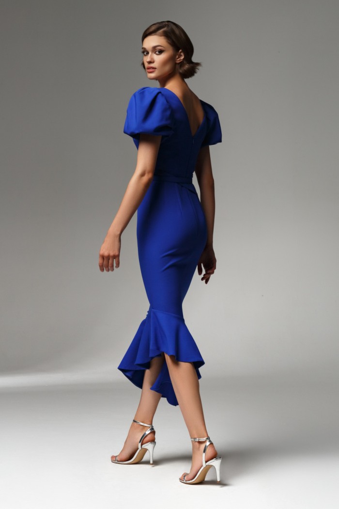 ЭШЛИ - Синее платье миди длины с воланами на юбке и коротким объемным рукавом | Paulain