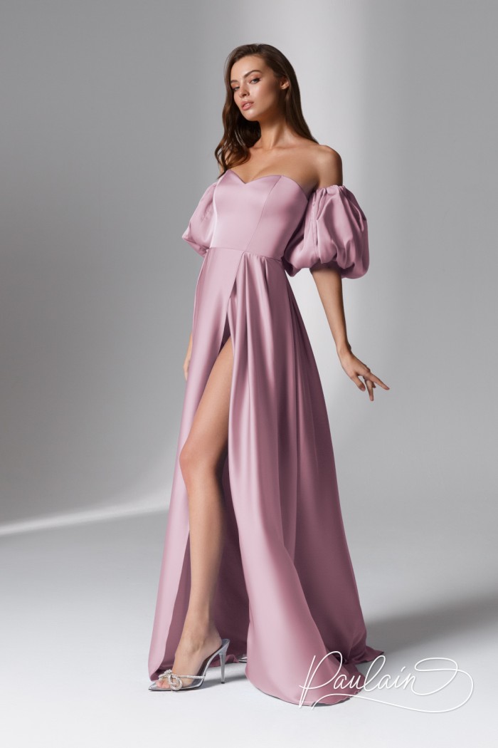 ЭЙВА - Эффектное вечернее платье в пол с разрезом по ноге и объемными короткими рукавами | Paulain