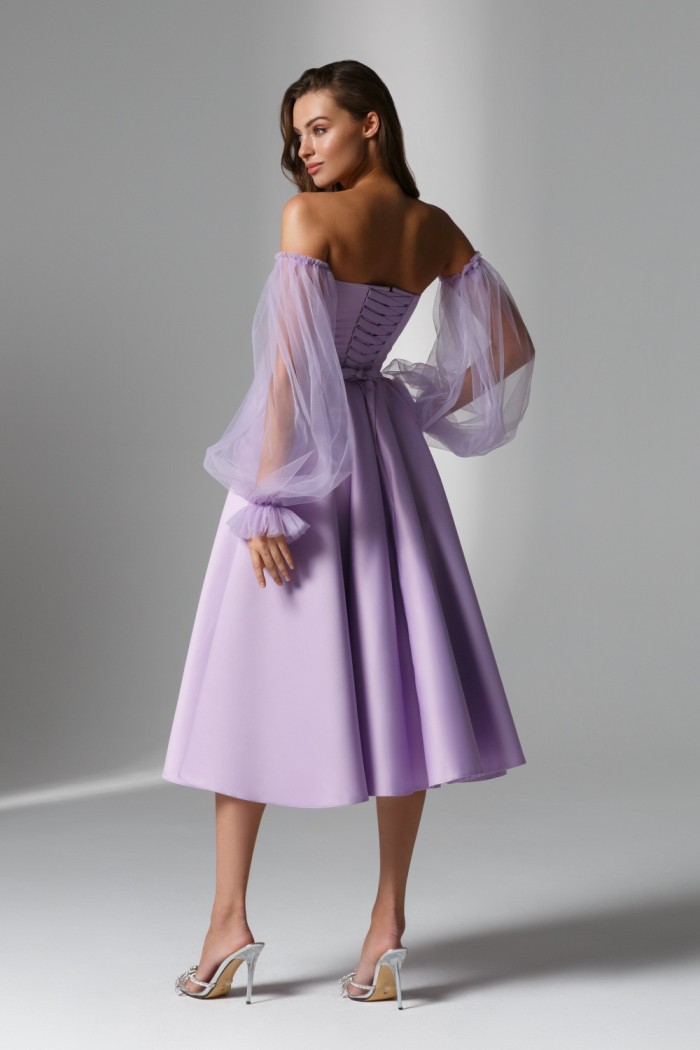 ДЕМИ - Коктейльное открытое платье длины миди со съемными рукавами  | Paulain