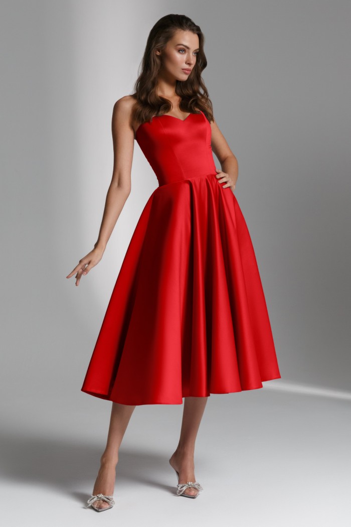 Красное элегантное платье миди длины на корсете - ДЕМИ | Paulain
