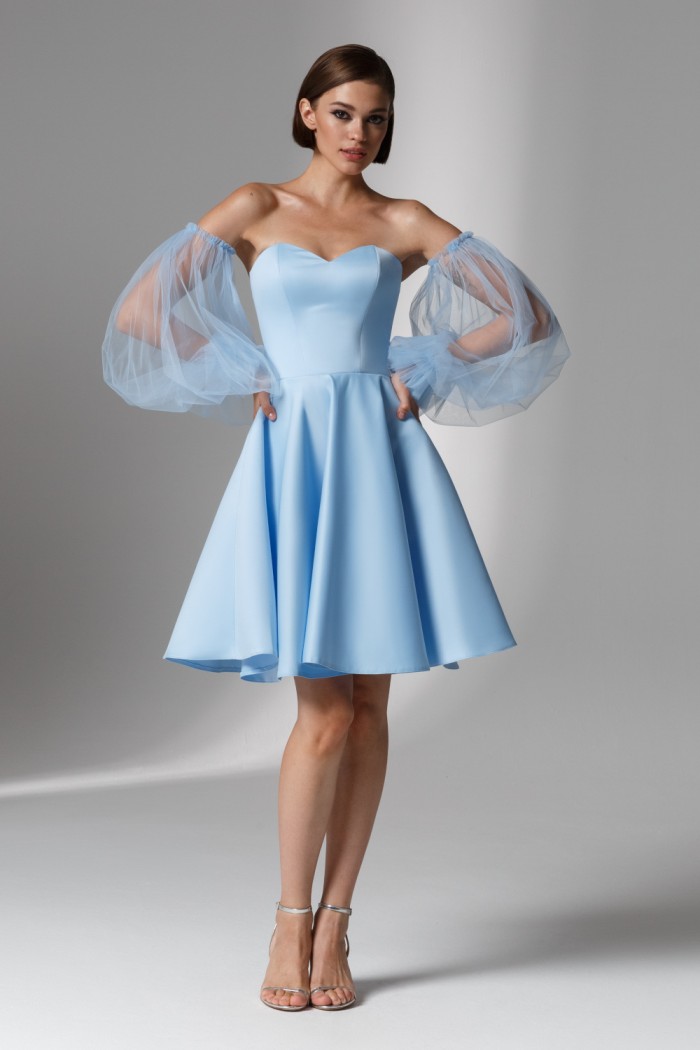 Элегантное голубое платье мини на корсете с воздушным рукавом  - ДЕМИ МИНИ | Paulain