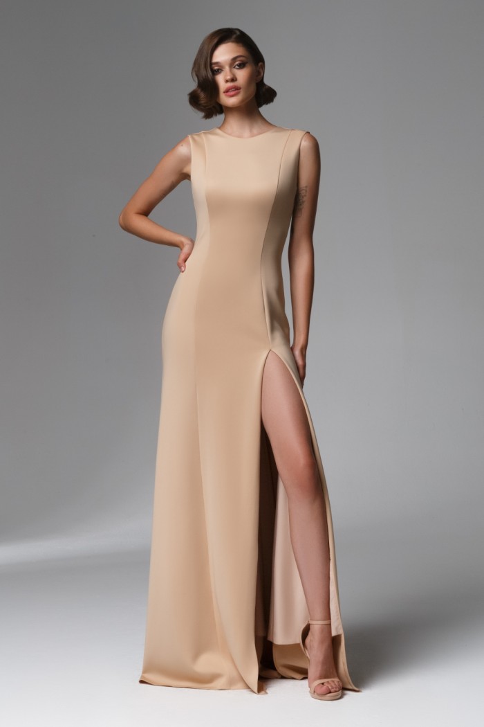 Вечернее платье телесного цвета в пол без рукава - ИЛАНА | Paulain