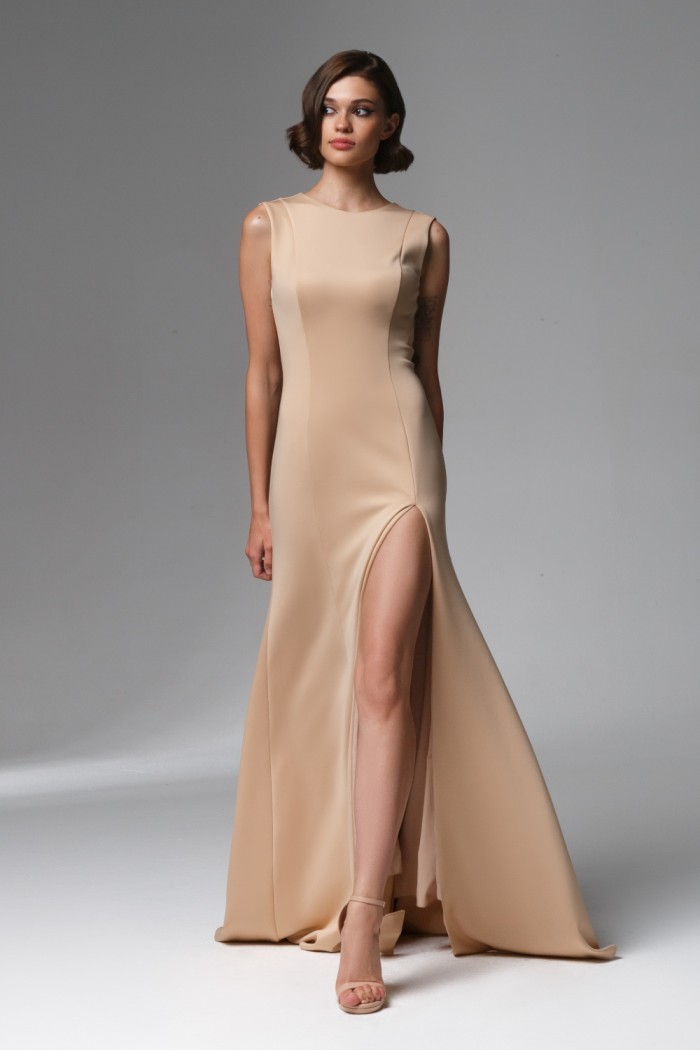 ИЛАНА - Вечернее платье телесного цвета в пол без рукава | Paulain
