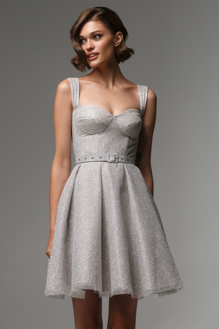 КЕЙША - Модное блестящее коктейльное платье мини длины на бретелях | Paulain