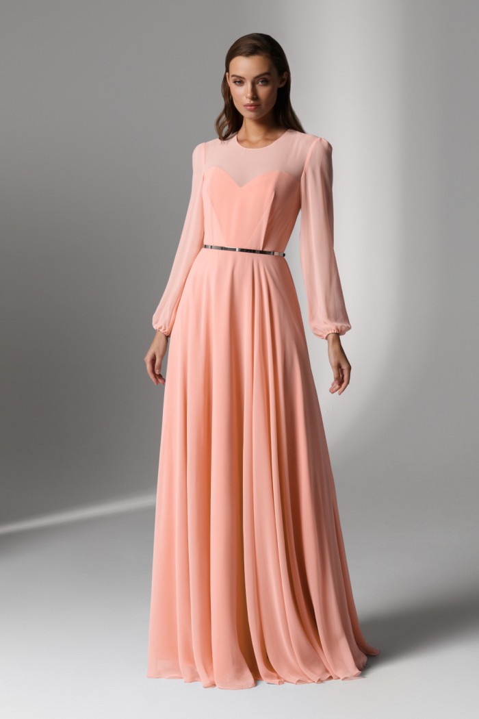 Нежное вечернее платье с длинным рукавом на скрытом корсете для больших размеров - ЛИАМ | Paulain
