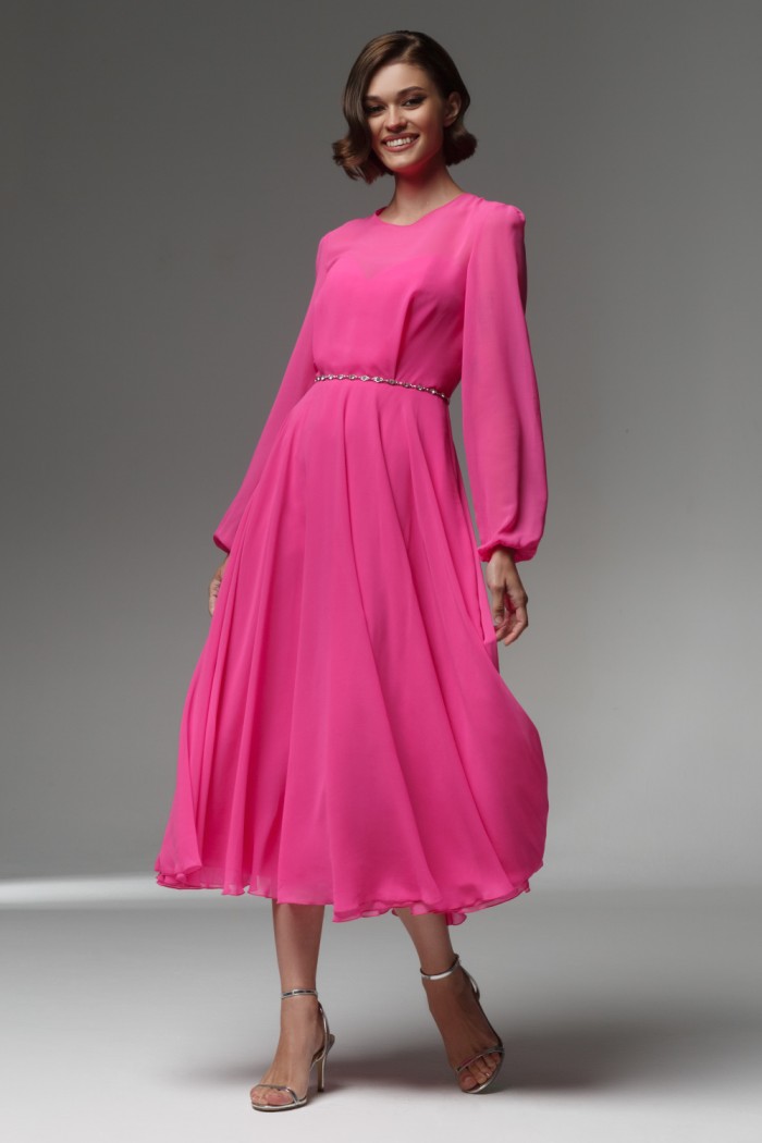 Эффектное яркое легкое платье длины миди с рукавом - ЛИАМ МИДИ | Paulain