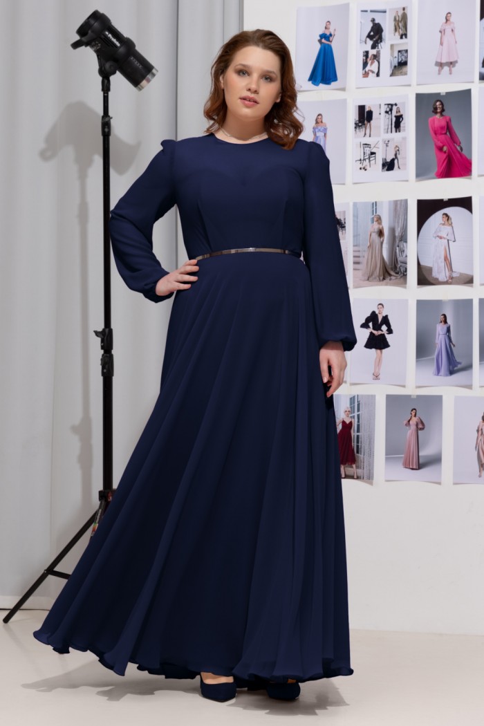 Темно-синее вечернее платье в пол со скрытым корсетом с длинным рукавом - ЛИАМ | Paulain