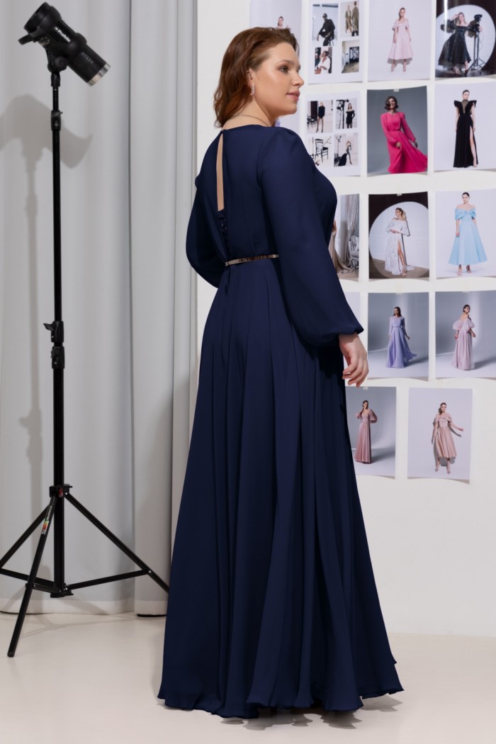 ЛИАМ - Темно-синее вечернее платье в пол со скрытым корсетом с длинным рукавом | Paulain
