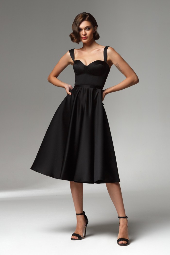 Элегантное черное коктейльное платье на бретелях длины миди - ТАТИ МИДИ | Paulain