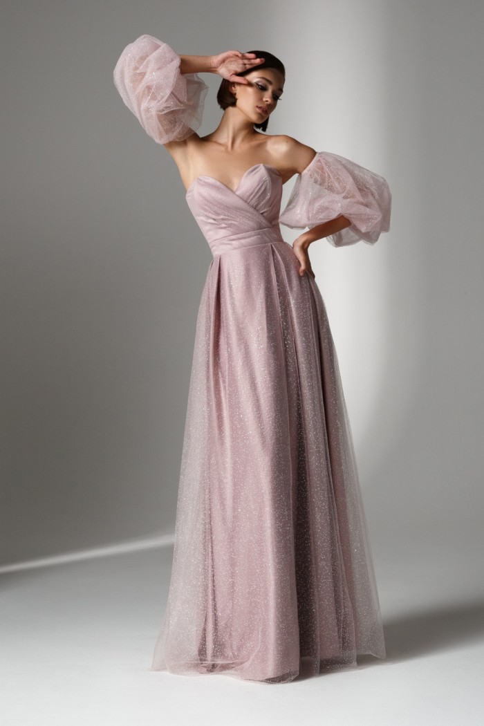 Романтичное вечернее платье розового цвета со съемными рукавами - ВЕНДИ | Paulain