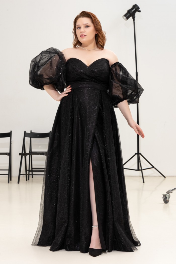Дерзкое черное платье из блестящей ткани на корсете с объемным рукавом - ВЕНДИ | Paulain