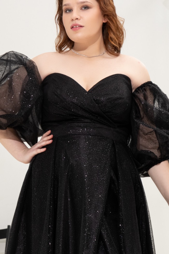 ВЕНДИ - Дерзкое черное платье из блестящей ткани на корсете с объемным рукавом | Paulain