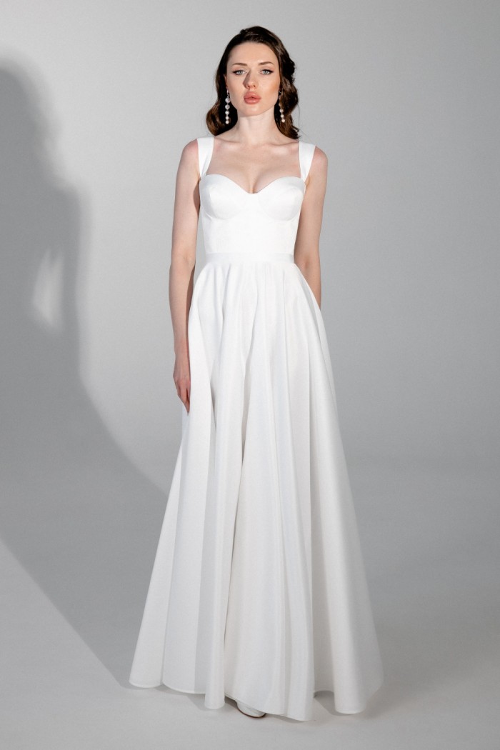 Элегантное белое платье А-силуэта в пол с корсетом на бретелях  - ТАТИ | Paulain