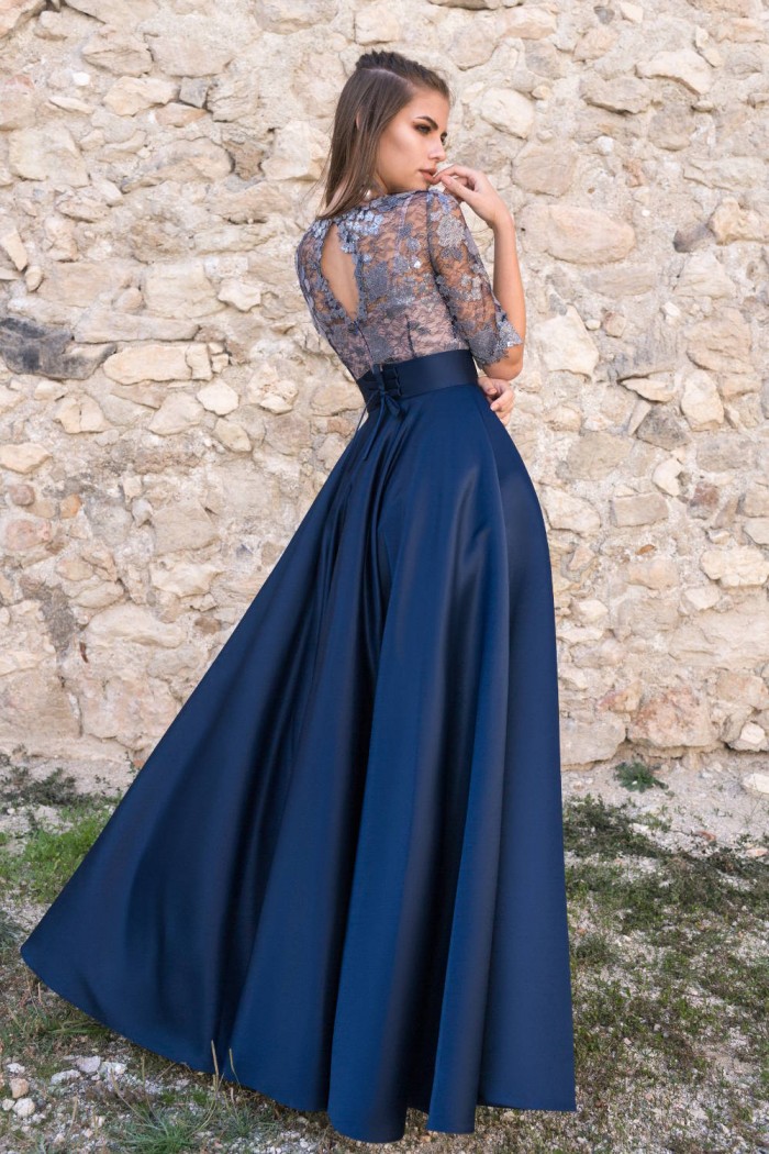 В ПОЛНОЧЬ - Великолепное платье с синей юбкой и топом из серебристого кружева | Paulain