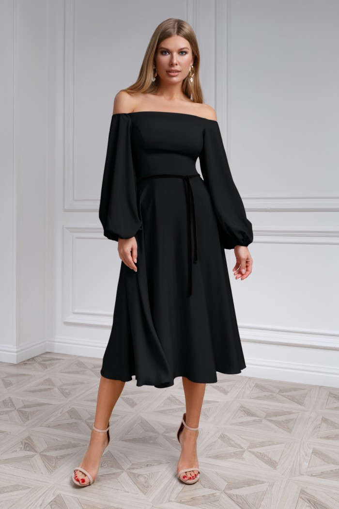 Черное коктейльное платье с объемным рукавом и узким пояском - МИННА Миди | Paulain
