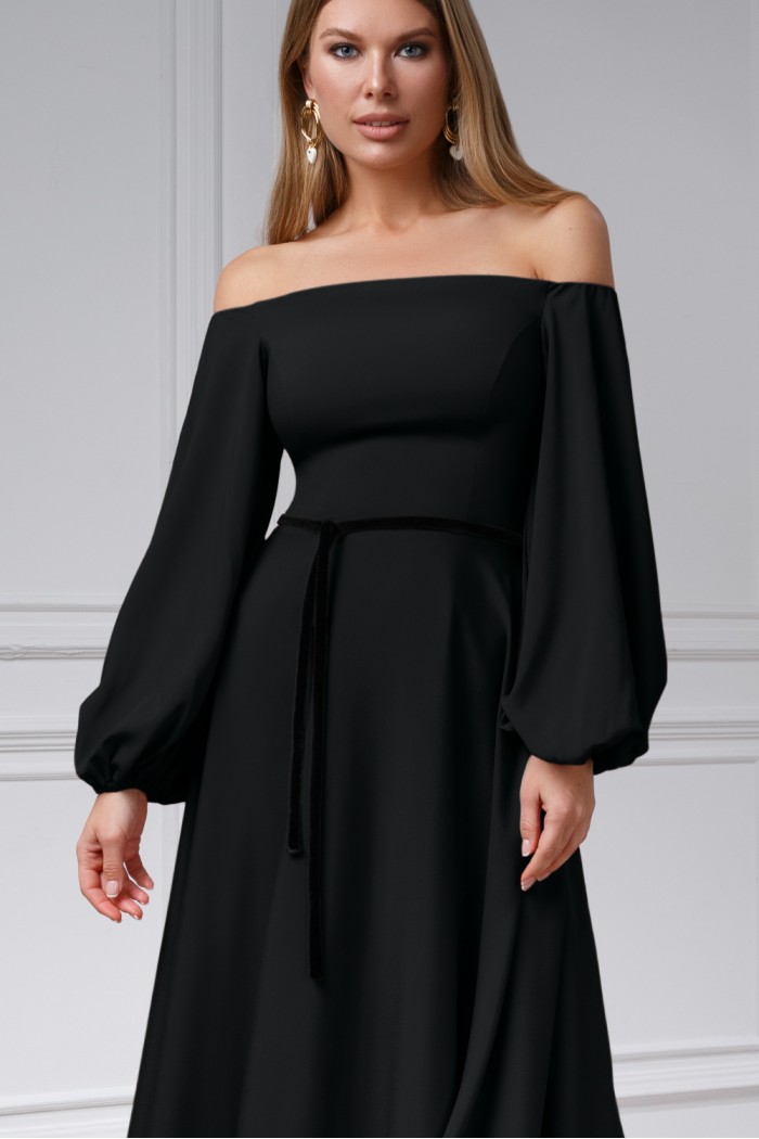МИННА Миди - Черное коктейльное платье с объемным рукавом и узким пояском | Paulain