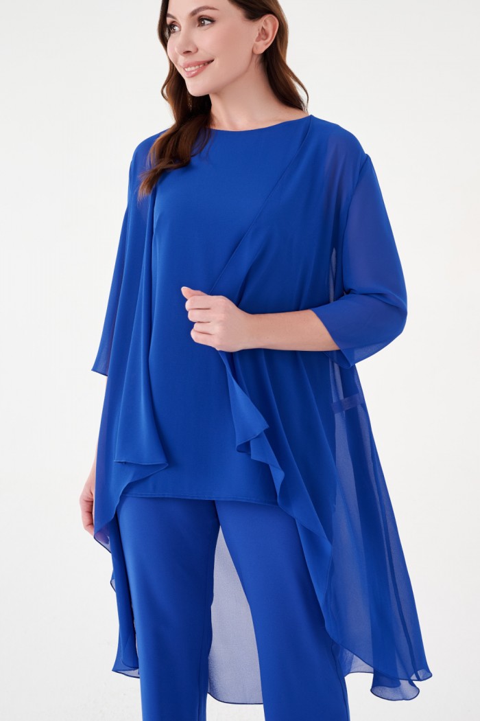 ИВАНКА - Синий женский костюм тройка из легкого шифона с удлиненным кардиганом | Paulain