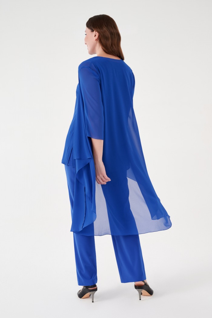 ИВАНКА - Синий женский костюм тройка из легкого шифона с удлиненным кардиганом | Paulain