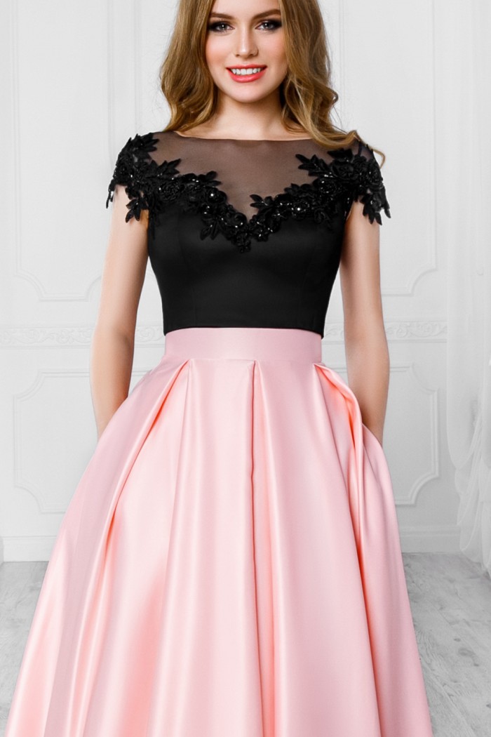 ОНИКС LUX & МУСКАТ - Черно розовое вечернее платье с открытой спиной и длинной юбкой | Paulain