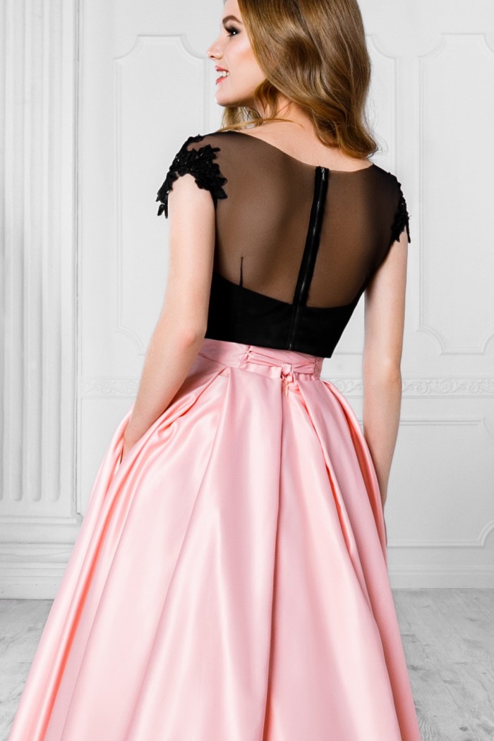 ОНИКС LUX & МУСКАТ - Черно розовое вечернее платье с открытой спиной и длинной юбкой | Paulain
