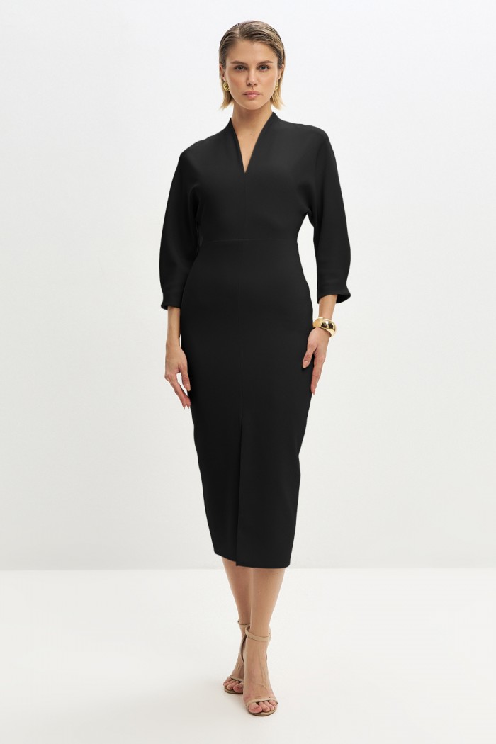АЛЬБА - Черное коктейльное платье миди длины классического силуэта с V-образным вырезом и рукавом | Paulain
