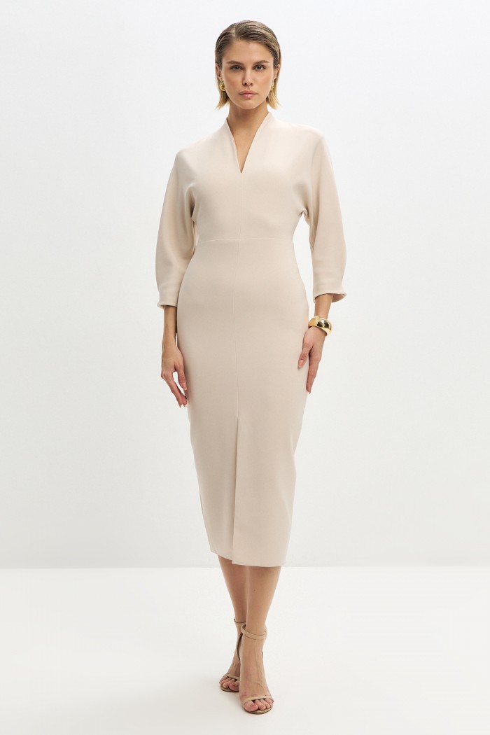 Женственное голубое платье миди длины с V-образным вырезом и рукавом - АЛЬБА | Paulain