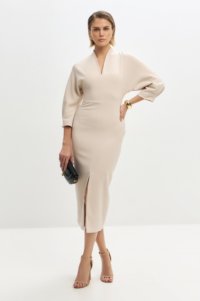 АЛЬБА - Женственное голубое платье миди длины с V-образным вырезом и рукавом | Paulain