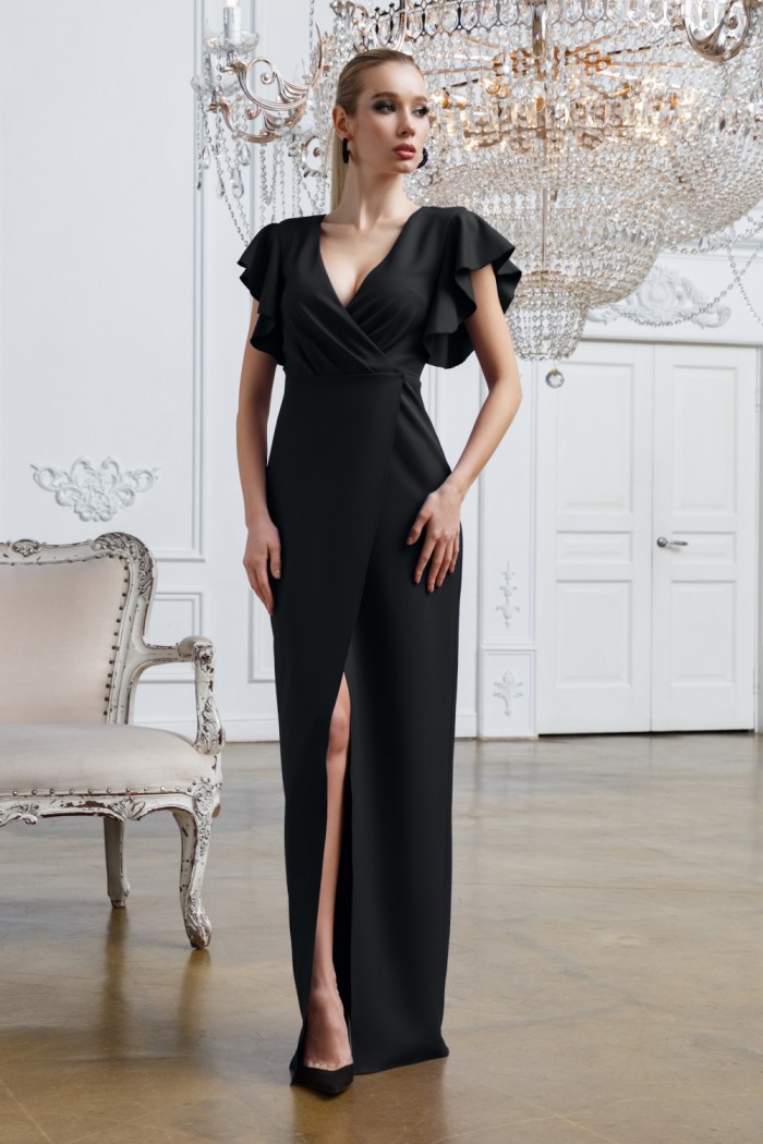 БЕНЕДИКТ - Вечернее длинное платье с глубоким декольте, коротким рукавом и разрезом по ноге | Paulain
