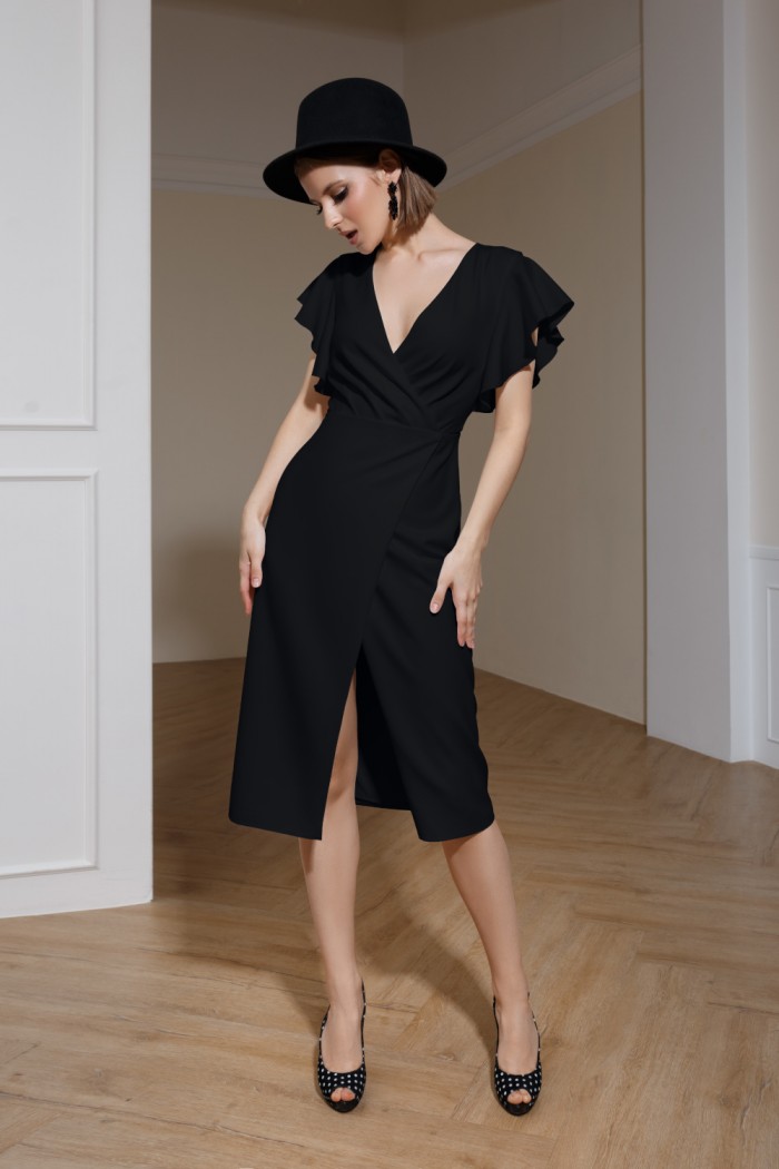 Черное коктейльное платье с рукавом воланом и разрезом выше колена - БЕНЕДИКТ Миди | Paulain