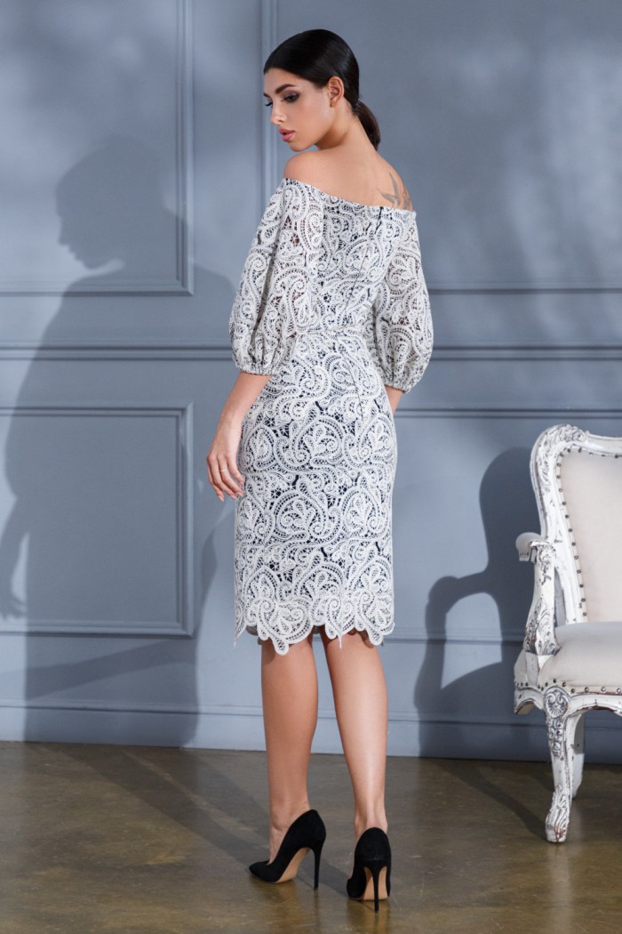 ЭЙРИН - Женственное платье-футляр миди из винтажного кружева макраме с объемными рукавами | Paulain