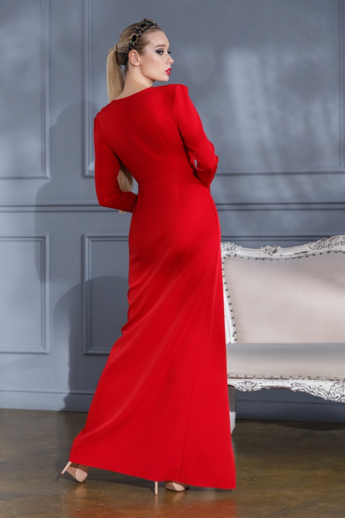 ХОЛЛИ - Элегантное платье с V-образным вырезом, длинным рукавом и разрезом по ноге | Paulain