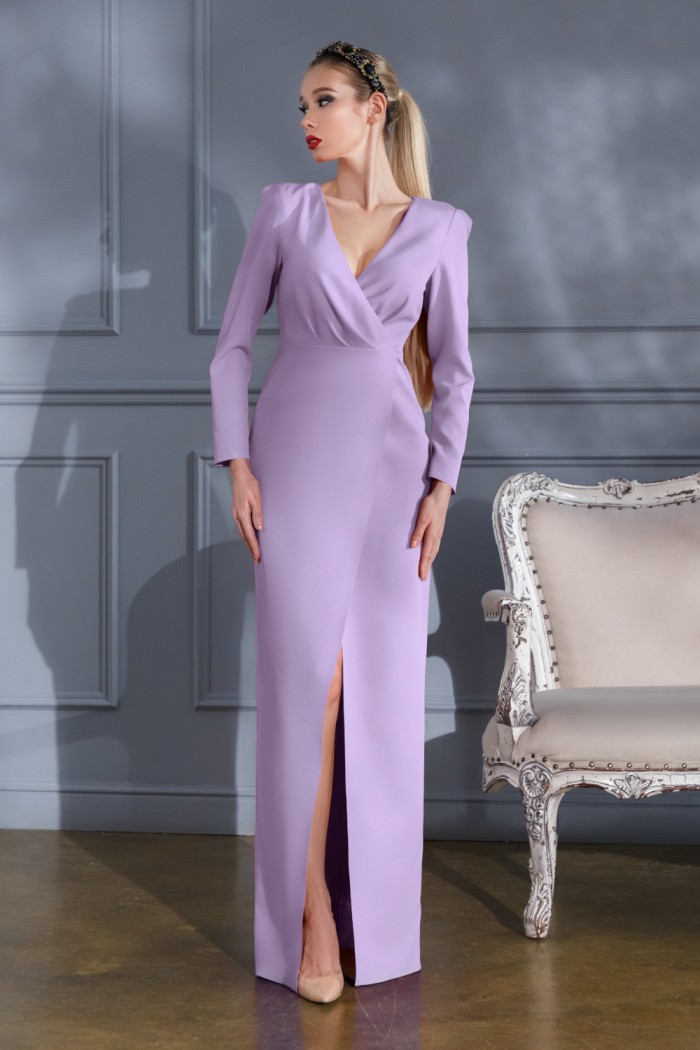 ХОЛЛИ - Элегантное платье с V-образным вырезом, длинным рукавом и разрезом по ноге | Paulain