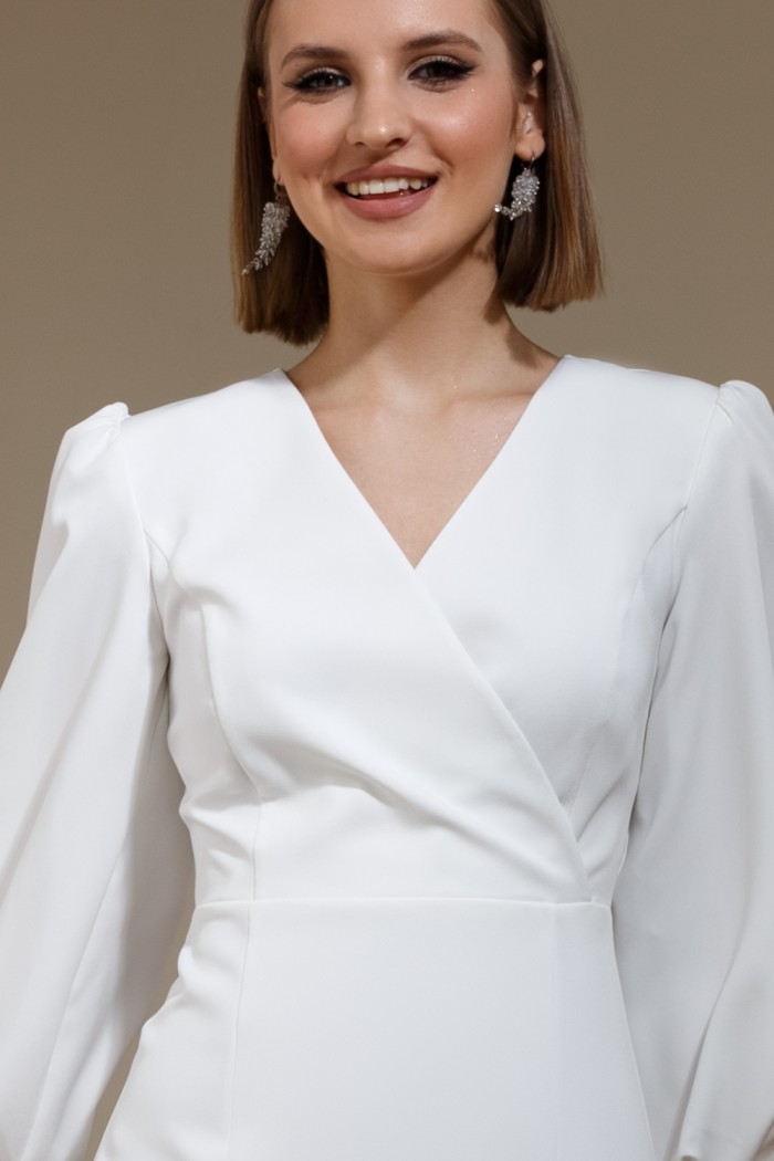 ЛИНДСИ - Свадебное короткое платье с объемным рукавом и V-образным вырезом | Paulain